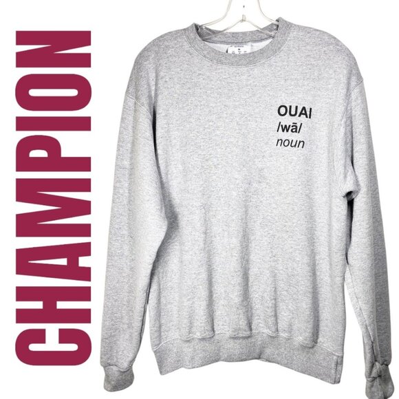 CHAMPION SWEATSHIRT FRENCH TEXT OUAI GRAPHIC GRAY BLACK, SIZE MEDIUM - Picture 1 of 9